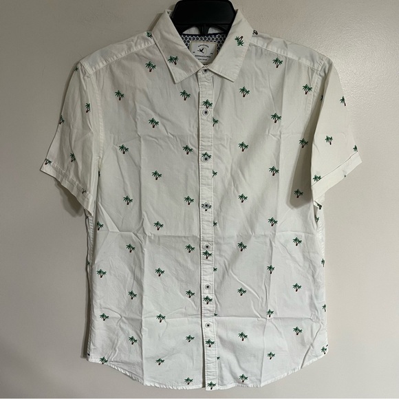 Men’s Denim & Flower Ricky Singh Size Medium Button Down Palm Tree Shirt White - Picture 1 of 9